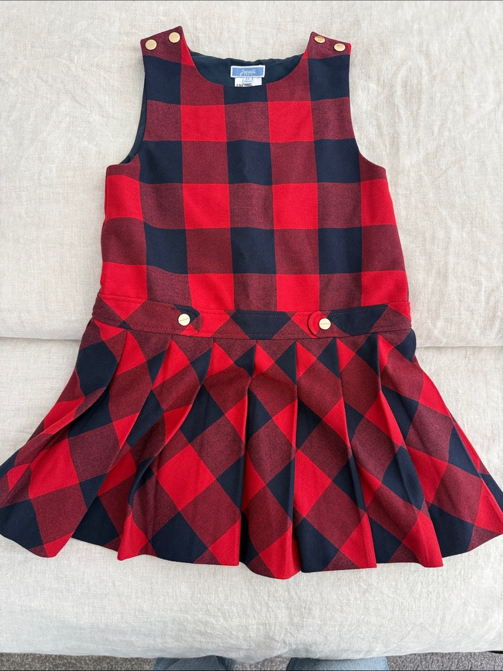Jacadi Red and Navy Plaid Pinafore Dress